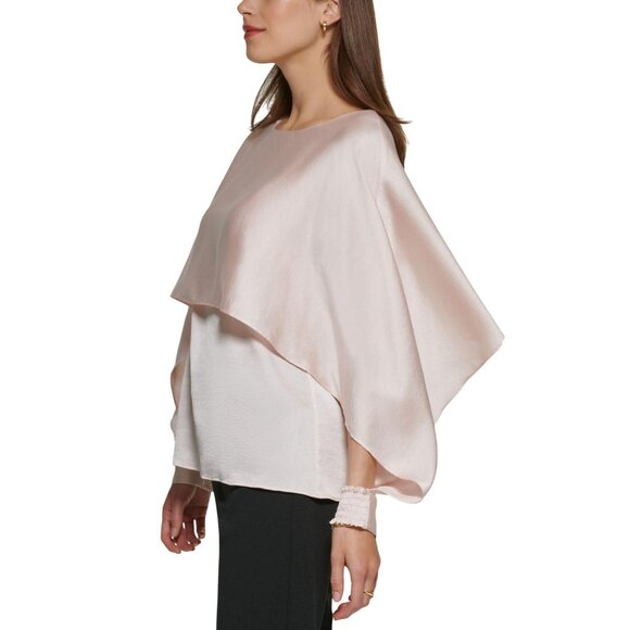 DKNY Womens Petite Solid Crewneck Smocked-Cuff Cape Blouse Champagne Pink PM - Picture 7 of 8